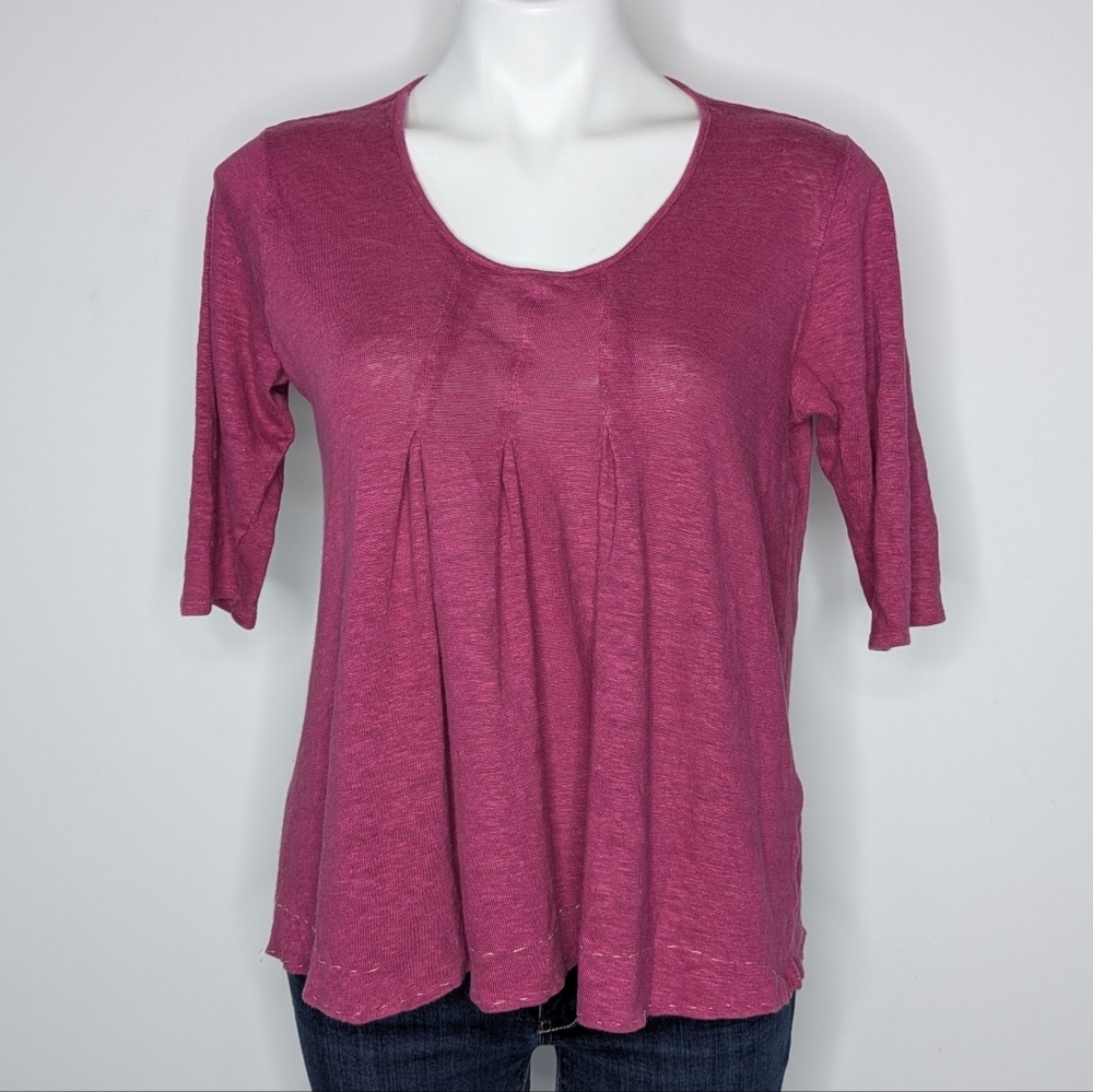 Poetry Pink Purple Scoop Neck Short Sleeve Sheer Linen T-shirt 12